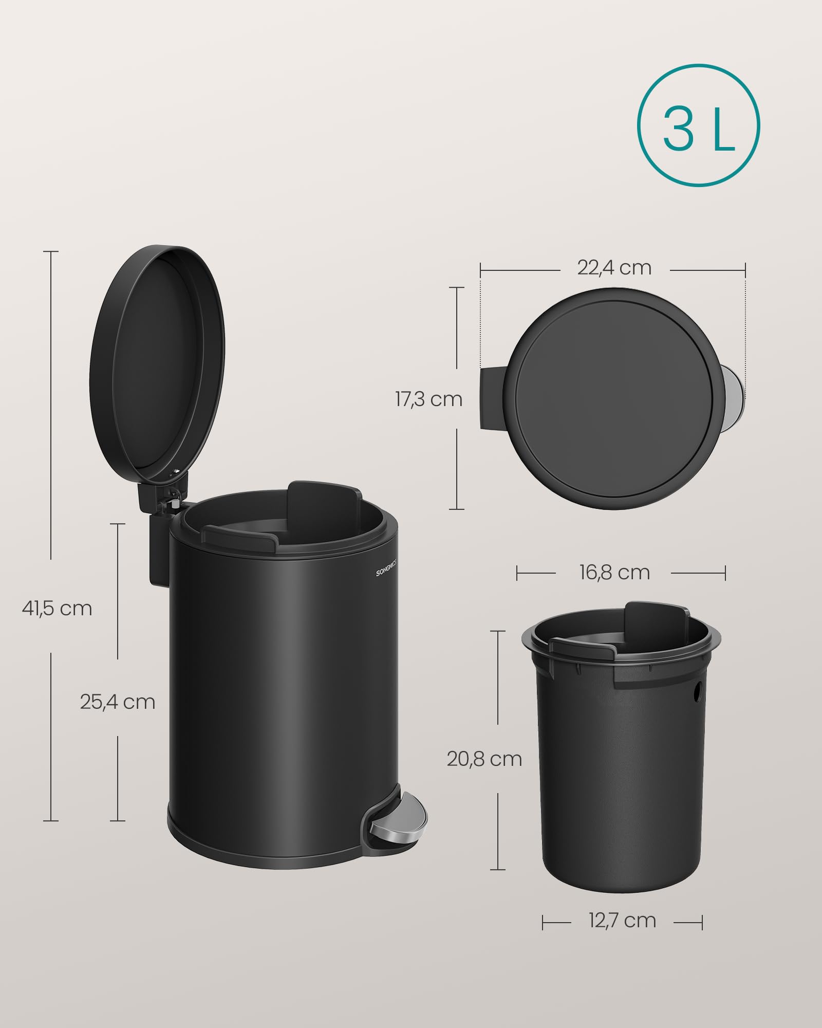 SONGMICS Petite Poubelle, avec Couvercle en Acier noir