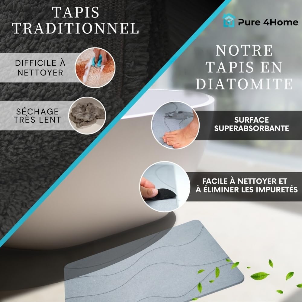 Pure 4Home Tapis de Bain Diatomite Antidérapant 60 x 39 cm