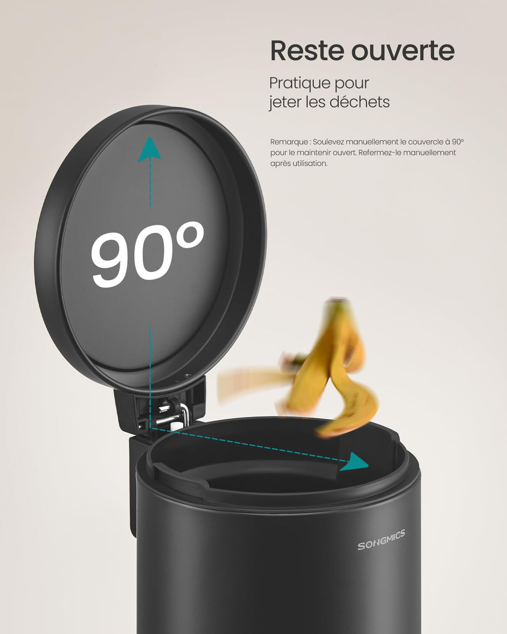 SONGMICS Petite Poubelle, avec Couvercle en Acier noir