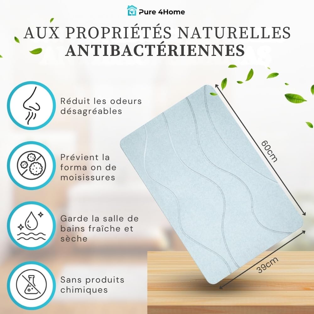 Pure 4Home Tapis de Bain Diatomite Antidérapant 60 x 39 cm