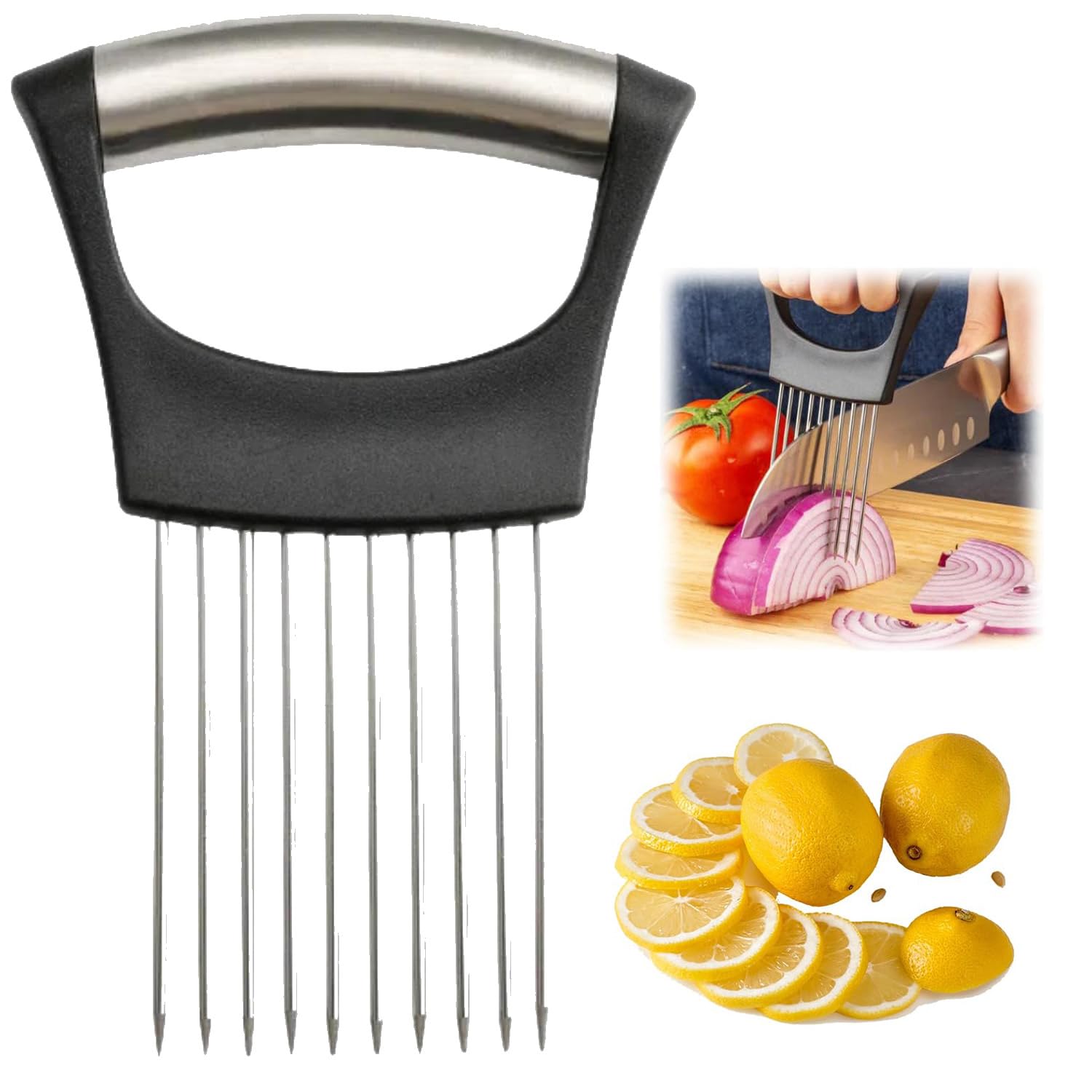 Support à tranches d'oignon en acier inoxydable, nouveau support à oignon pour trancher, coupe-citron, coupe-légumes, hachoir, outil d'aide au tranchage pour pommes de terre, tomates, oignons (1 Pcs)