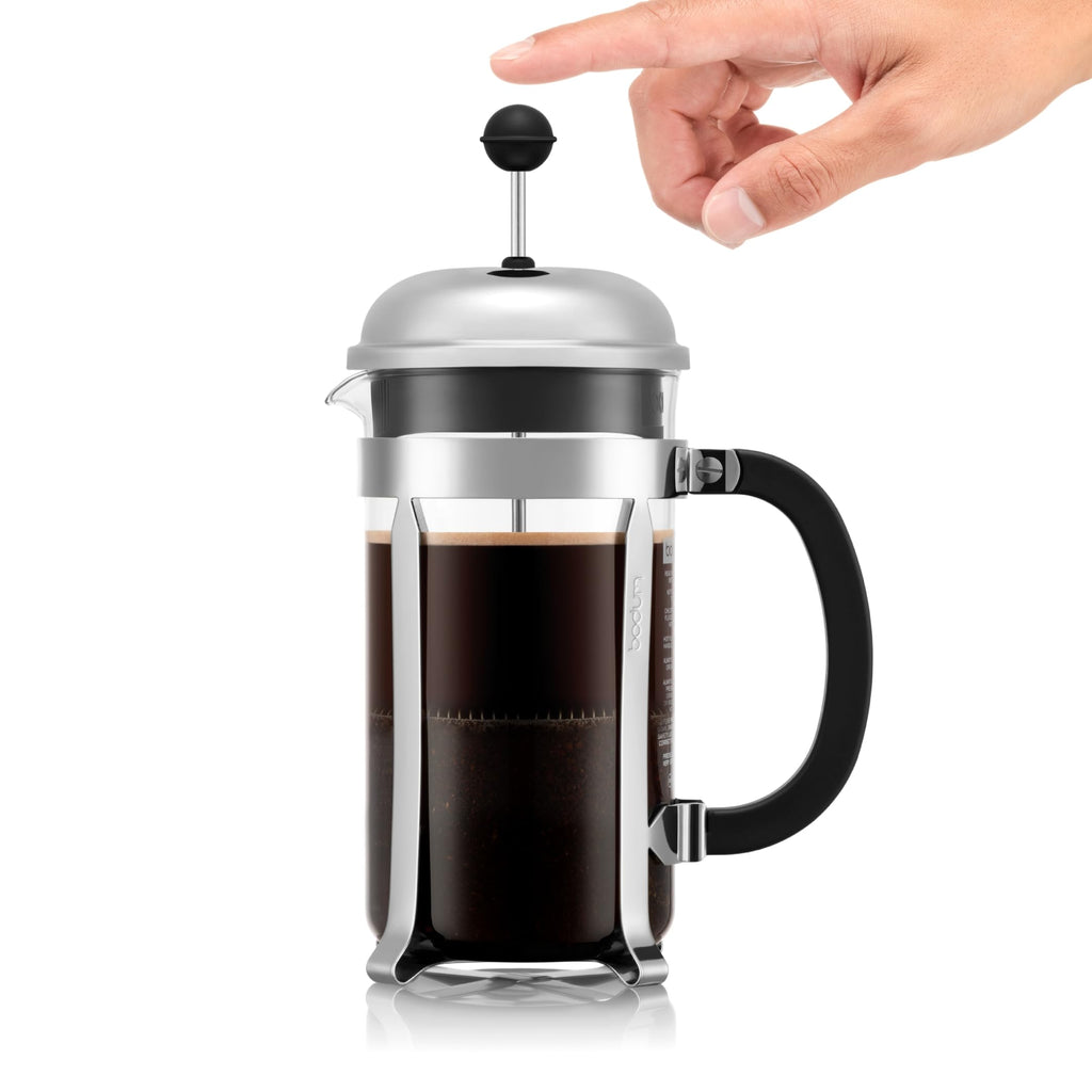 Bodum French Press Chambord - 1L / 8 Tasses Argent Cafetière - Verre Résistant & Filtre Inox