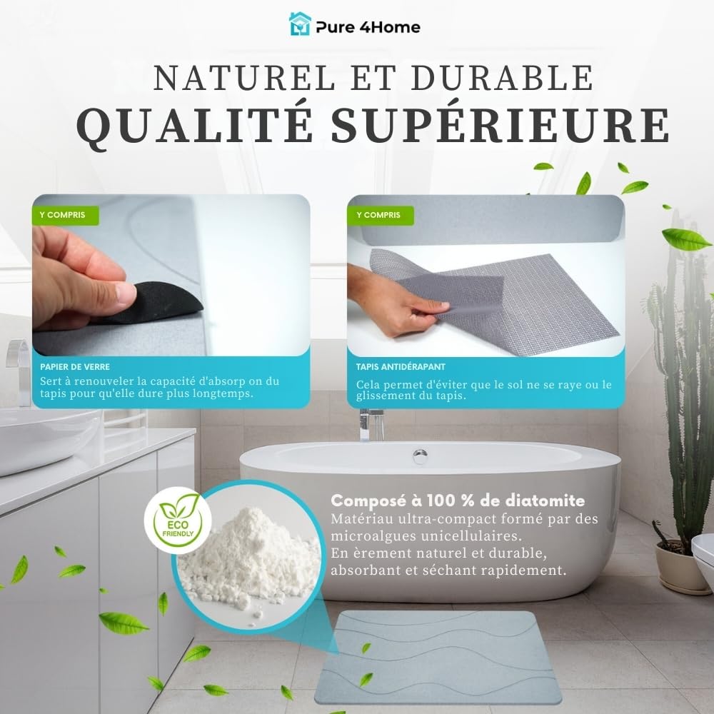 Pure 4Home Tapis de Bain Diatomite Antidérapant 60 x 39 cm