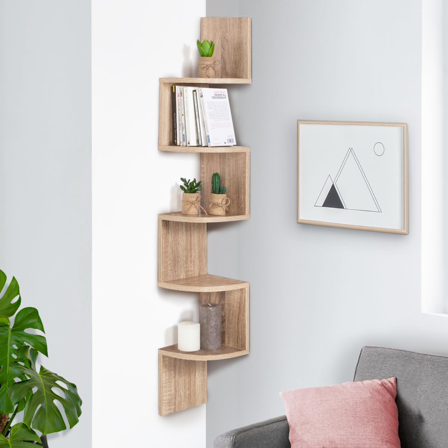 IDMarket - Etagère Murale d'angle ISA 5 Niveaux façon hêtre