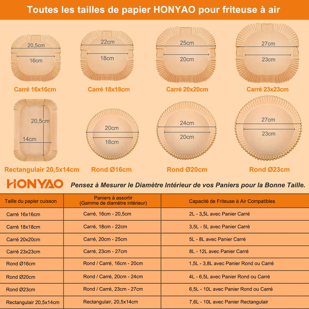 HONYAO Papier Cuisson pour Ninja Air Fryer, 100 Pièces 20,5x14cm Rectangulair