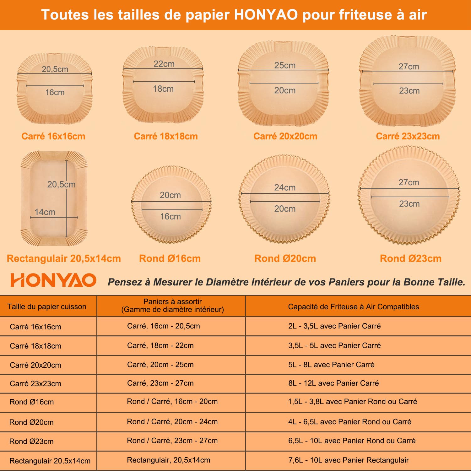 HONYAO Papier Cuisson pour Ninja Air Fryer, 100 Pièces 20,5x14cm Rectangulair