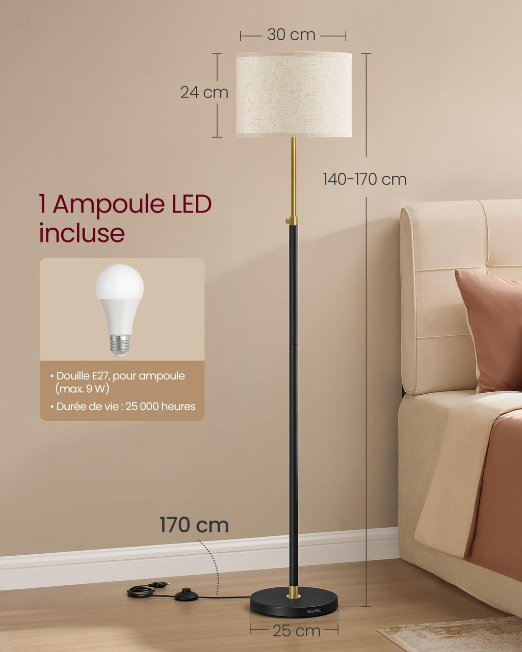 VASAGLE Lampadaire, Lampe sur Pied, Hauteur Réglable de 140 à 170 cm