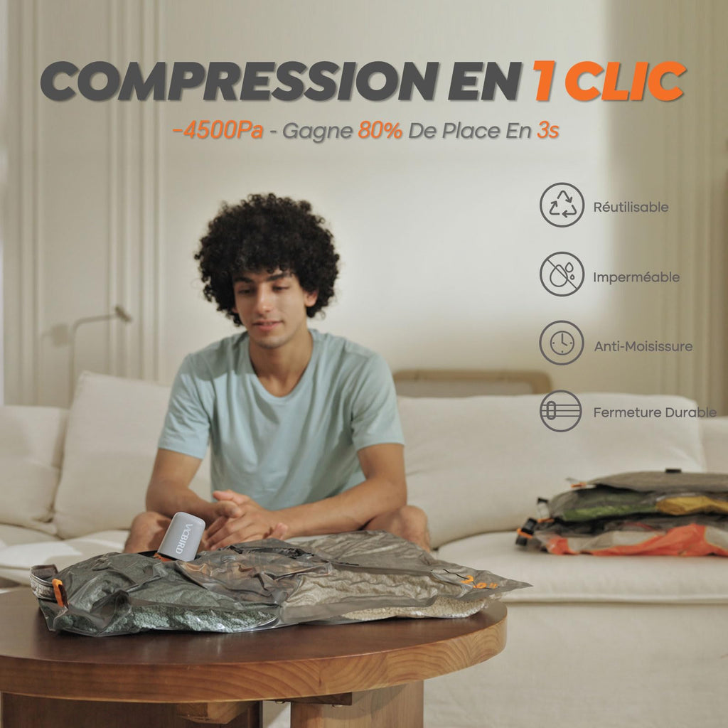 Vacbird Sac de Rangement Sous Vide avec Pompe à Vide Sans Fil