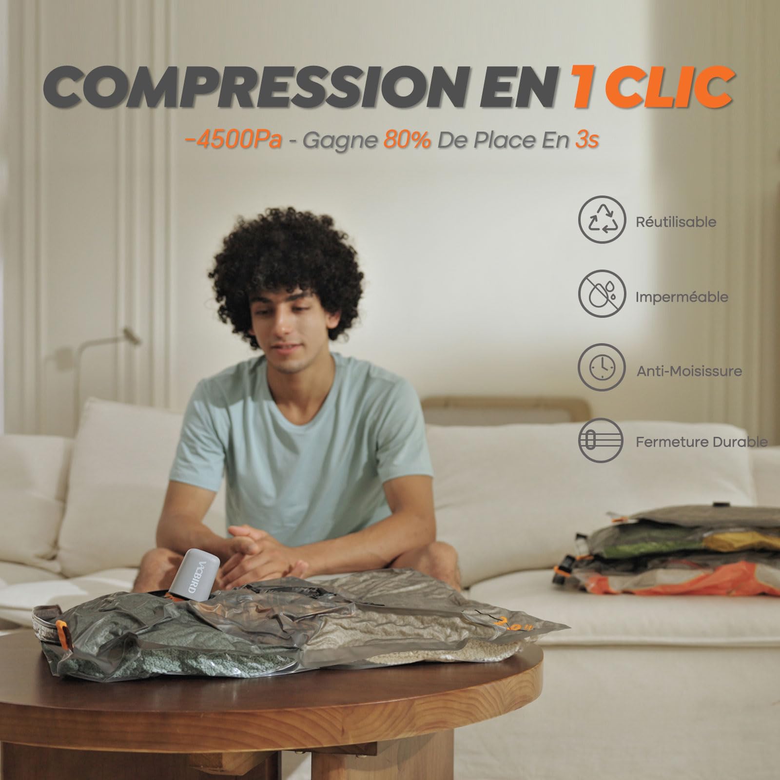 Vacbird Sac de Rangement Sous Vide avec Pompe à Vide Sans Fil