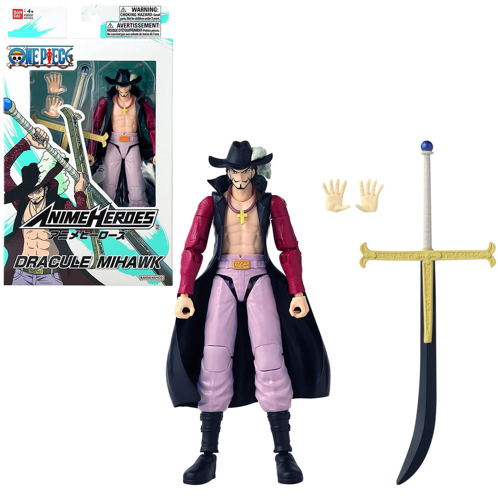 BANDAI One Piece Dracule Mihawk Action Figure – Figurine articulée Mihawk Anime 17 cm