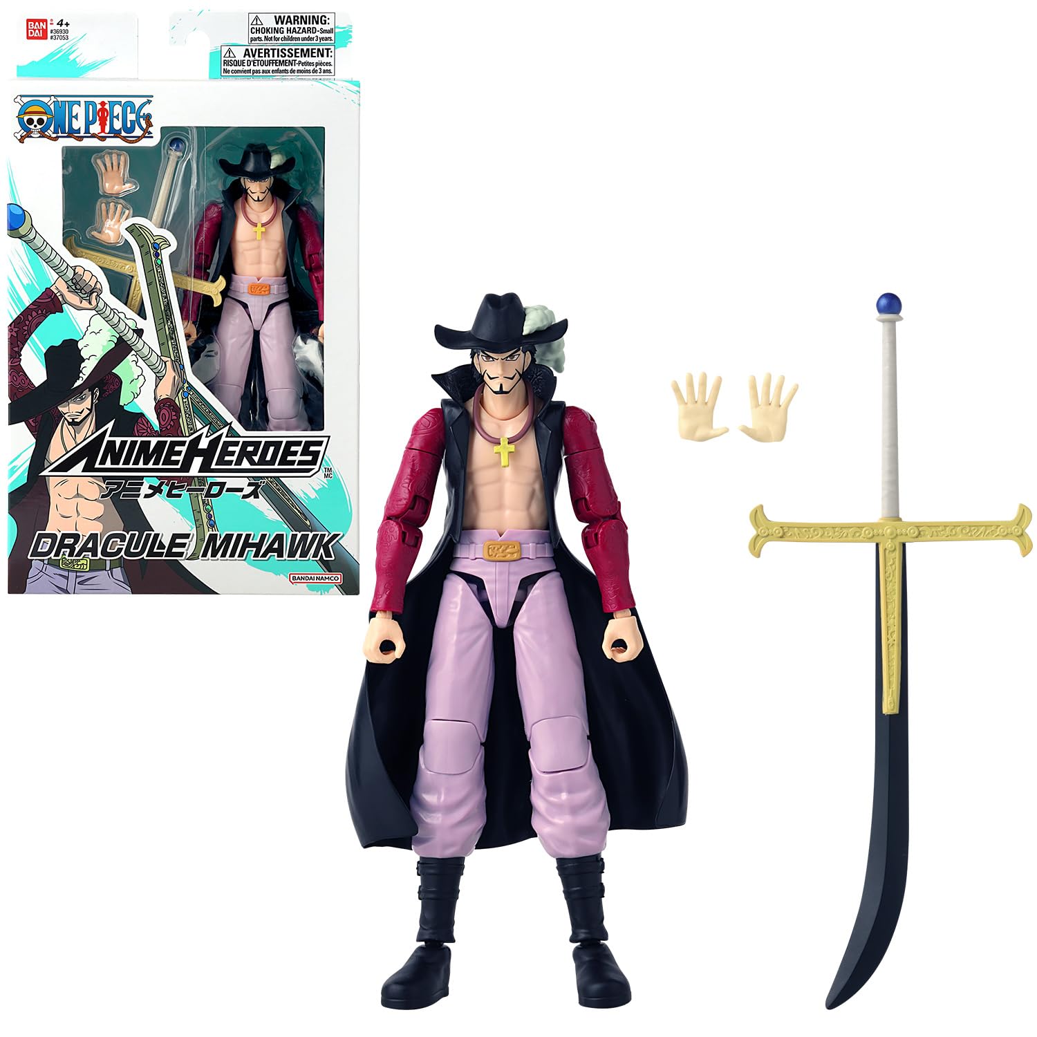 BANDAI One Piece Dracule Mihawk Action Figure – Figurine articulée Mihawk Anime 17 cm