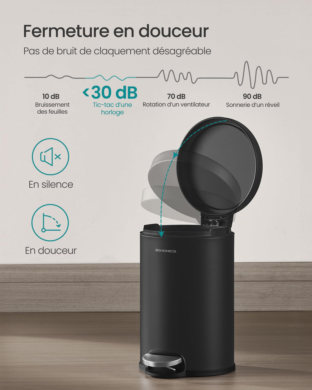 SONGMICS Petite Poubelle, avec Couvercle en Acier noir
