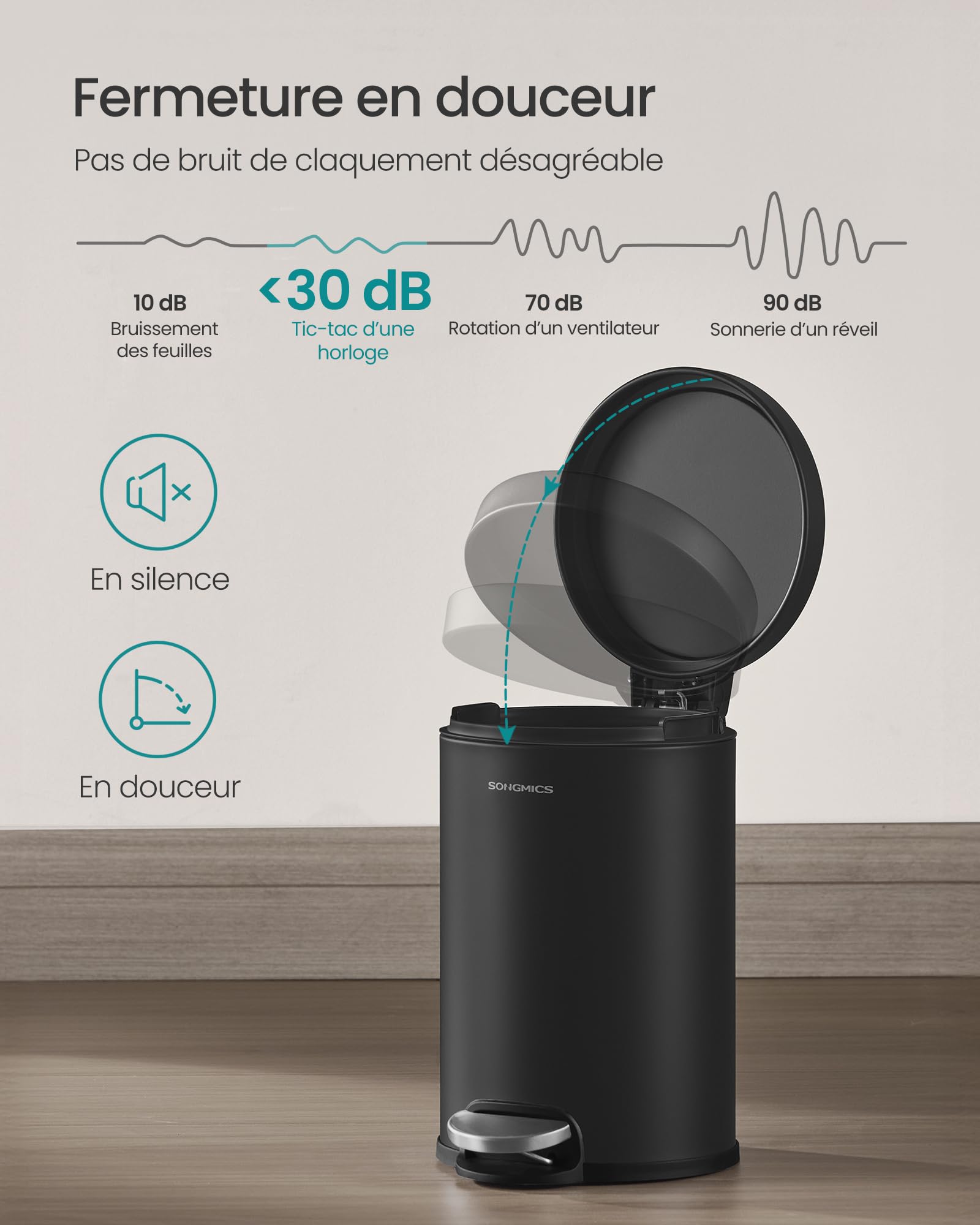 SONGMICS Petite Poubelle, avec Couvercle en Acier noir