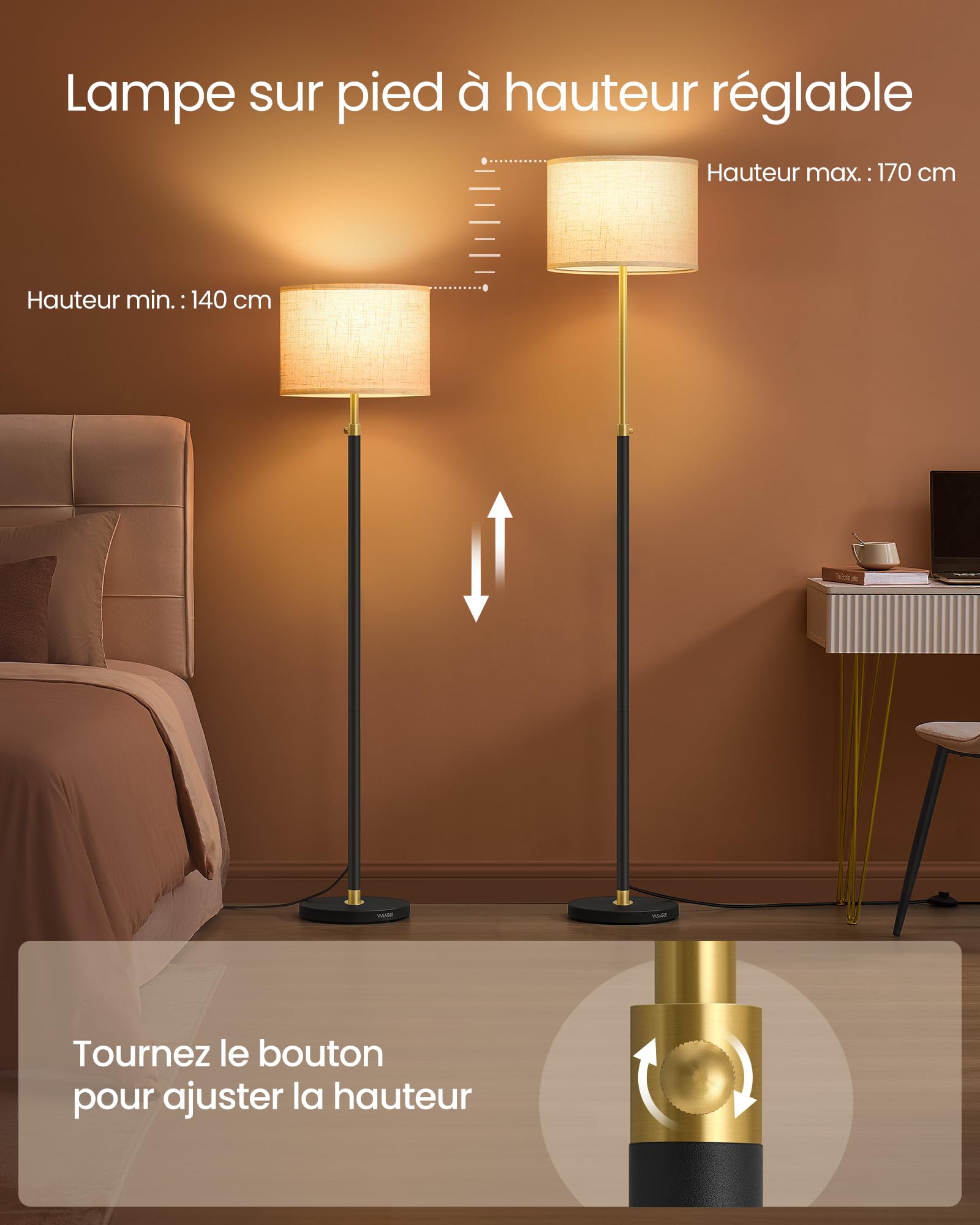 VASAGLE Lampadaire, Lampe sur Pied, Hauteur Réglable de 140 à 170 cm
