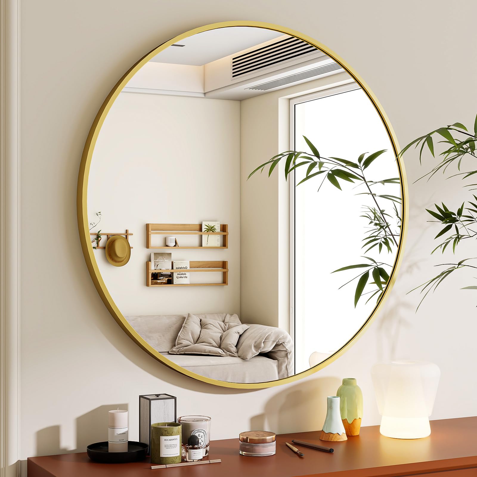 BEAUTYPEAK Miroir Mural Rond doré de 76 cm