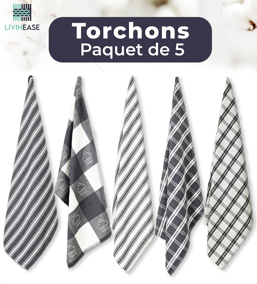 LivinEase Torchon de Cuisine – Lot de 5 torchons de Cuisine 100% Coton