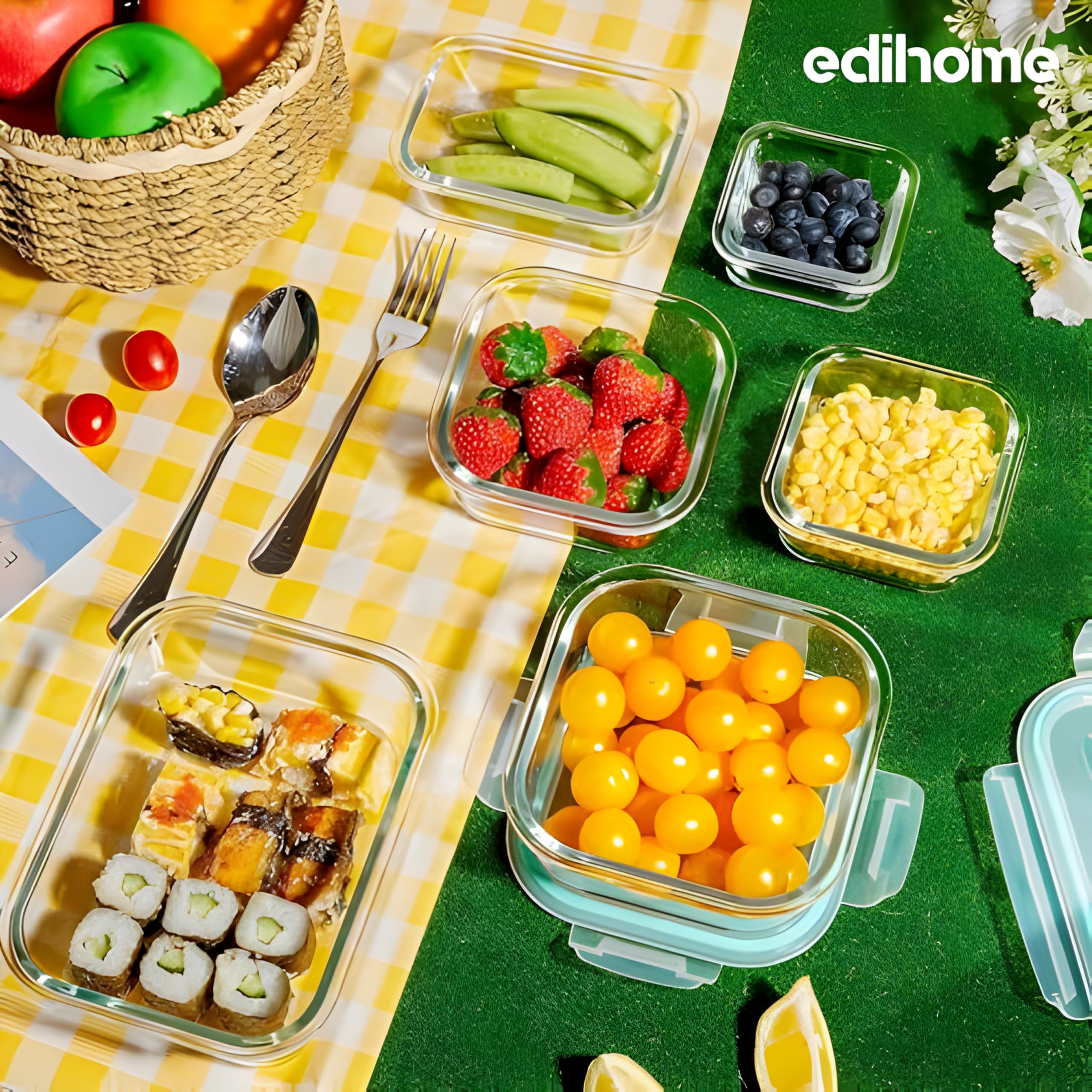 edihome, Boîte Alimentaire Hermétique en Verre, 8, 14 ou 18 pièces, pour aliments hermétiques, Résistant au lave-vaisselle, Rangement Cuisine, sans BPA, certifié FDA (4 récipients)