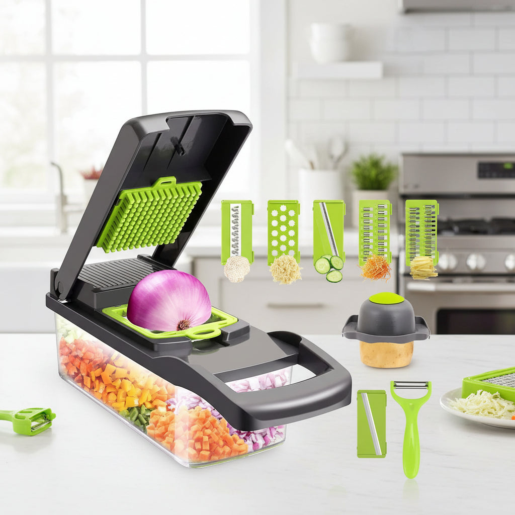 “Coupe-légumes multifonction 12-en-1 – Gagnez du temps en cuisine en quelques secondes”