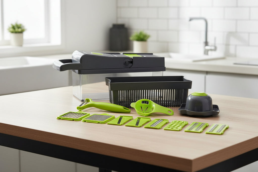 “Coupe-légumes multifonction 12-en-1 – Gagnez du temps en cuisine en quelques secondes”