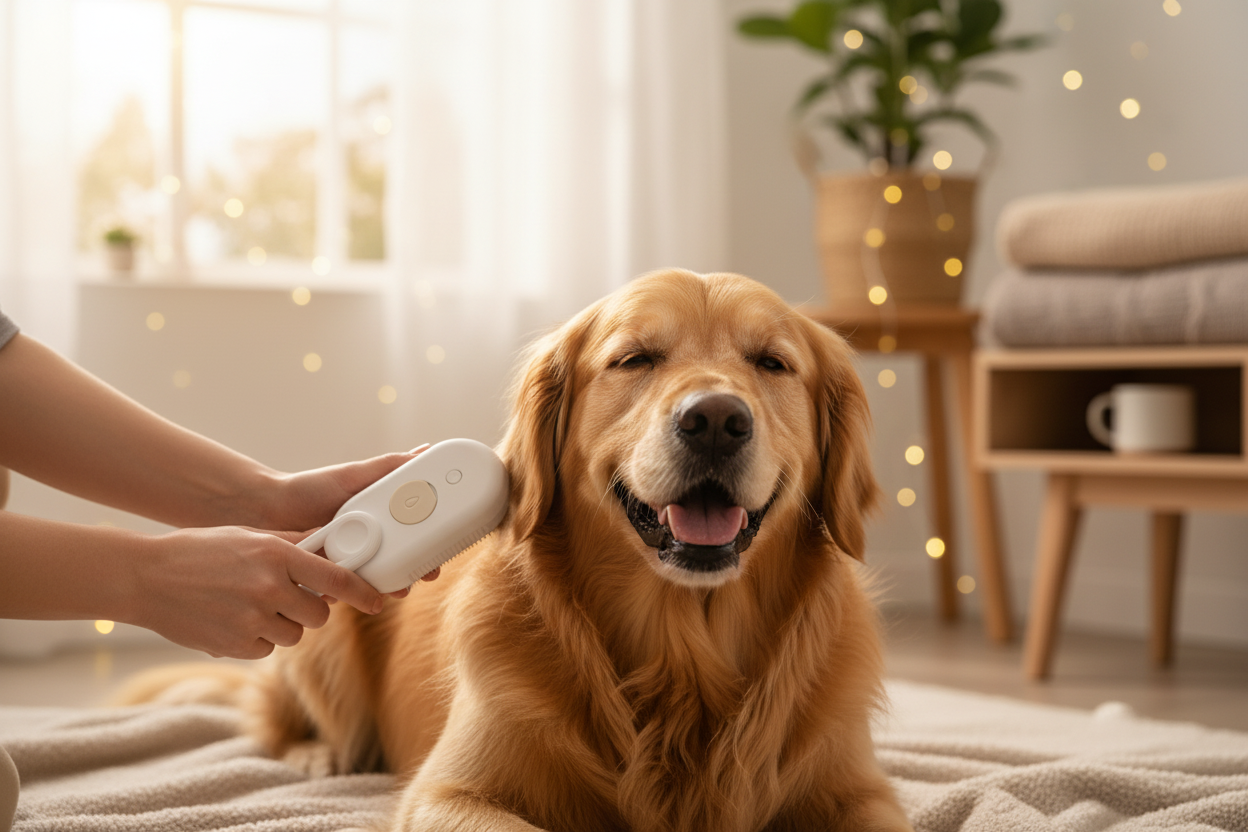 Brosse Électrique 3 en 1 pour Chien et Chat – Peigne Anti-Poils Volants, Vaporisateur & Massage